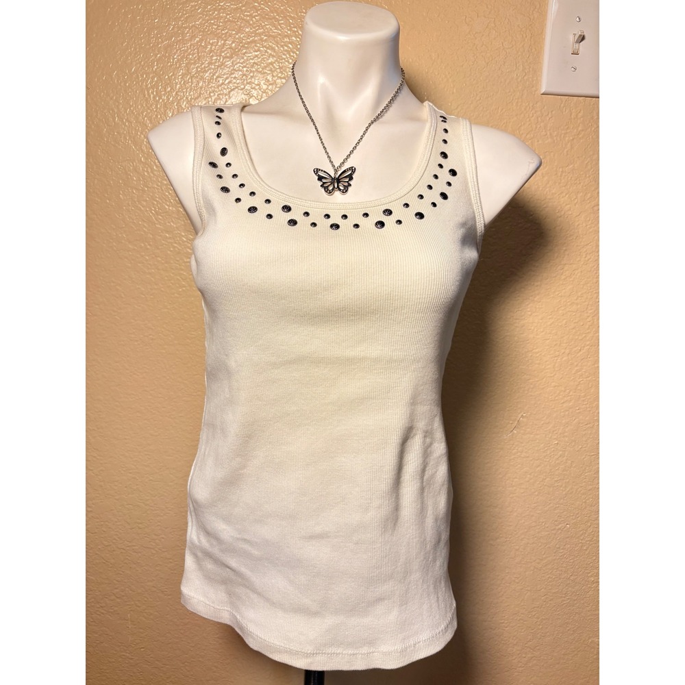 Y2K St. Johns Bay Cream Ribbed Studded Scoop Neck Tank Top Womens Medium #5